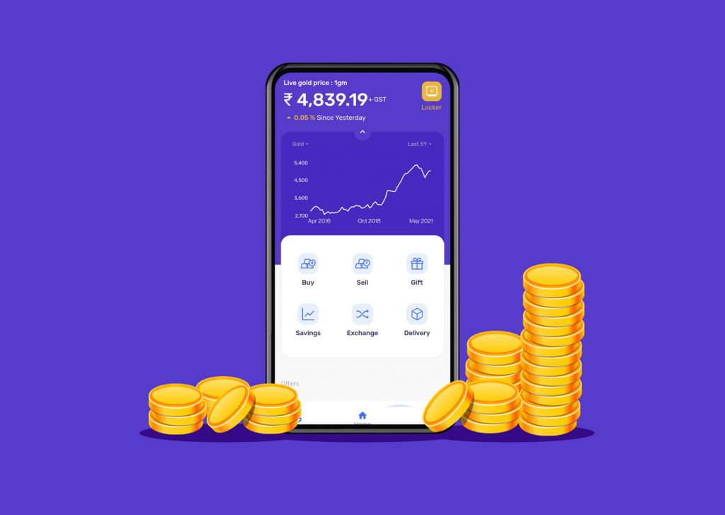 goldlane app homescreen as digital gold investment option with gold coins